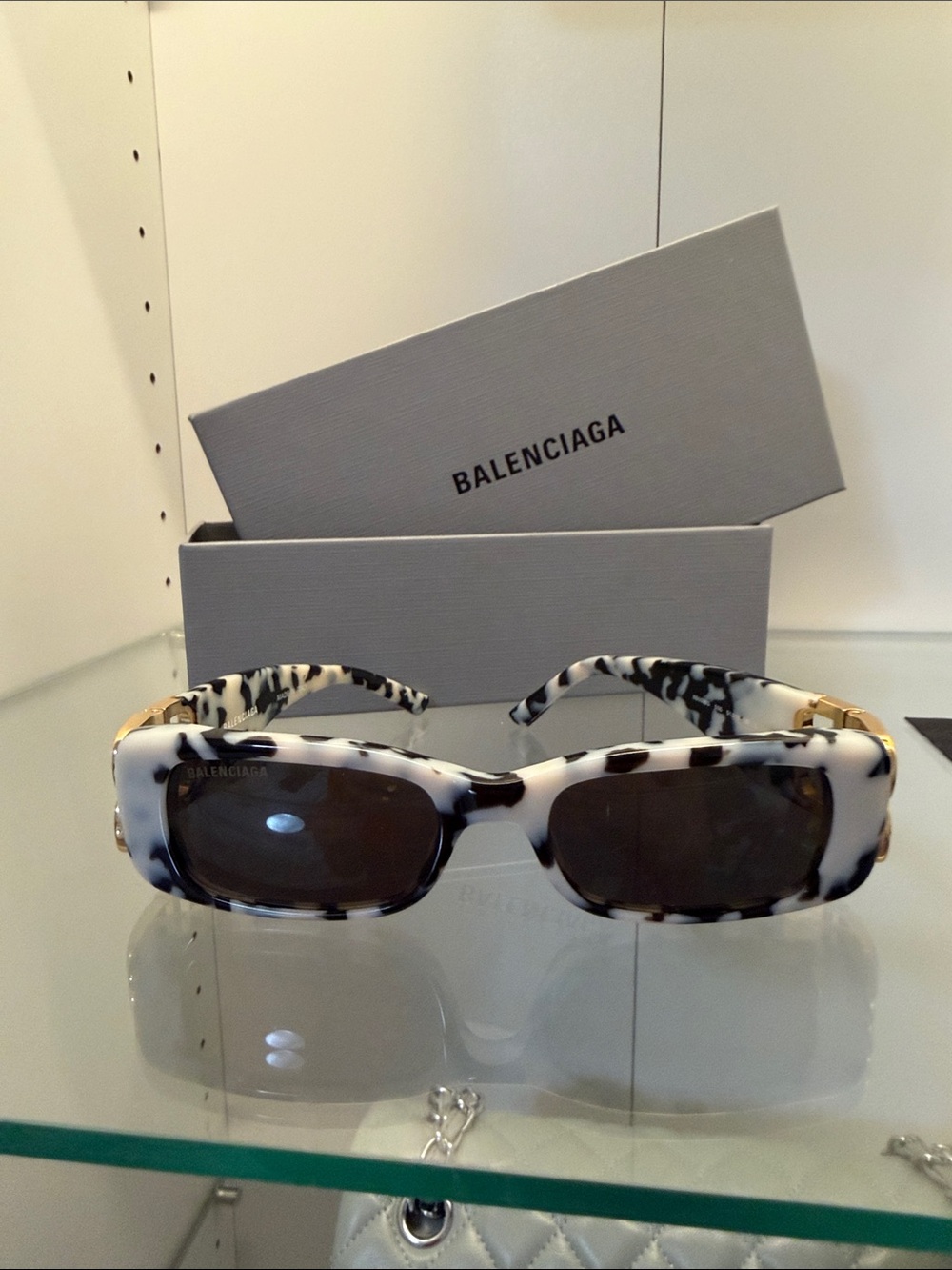 Balenciaga Black & White Tortoiseshell Rectangular Sunglasses
